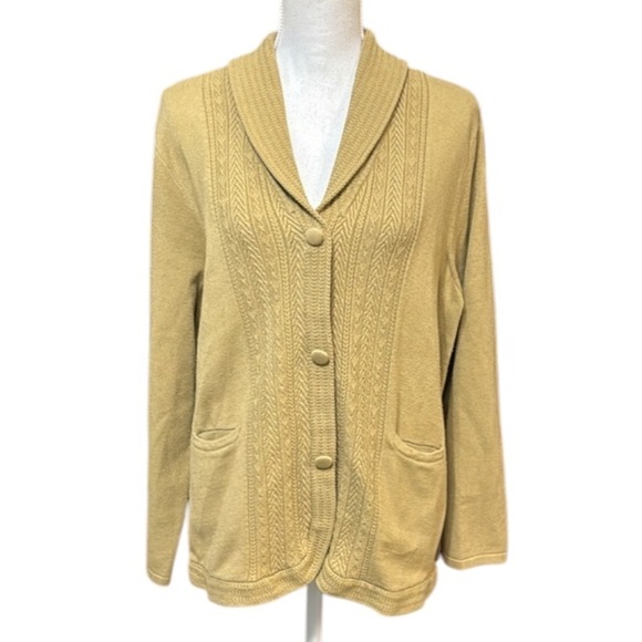 Yellow cardigan, cable knit, snap buttons and front pockets size XL Vintage - Picture 2 of 9